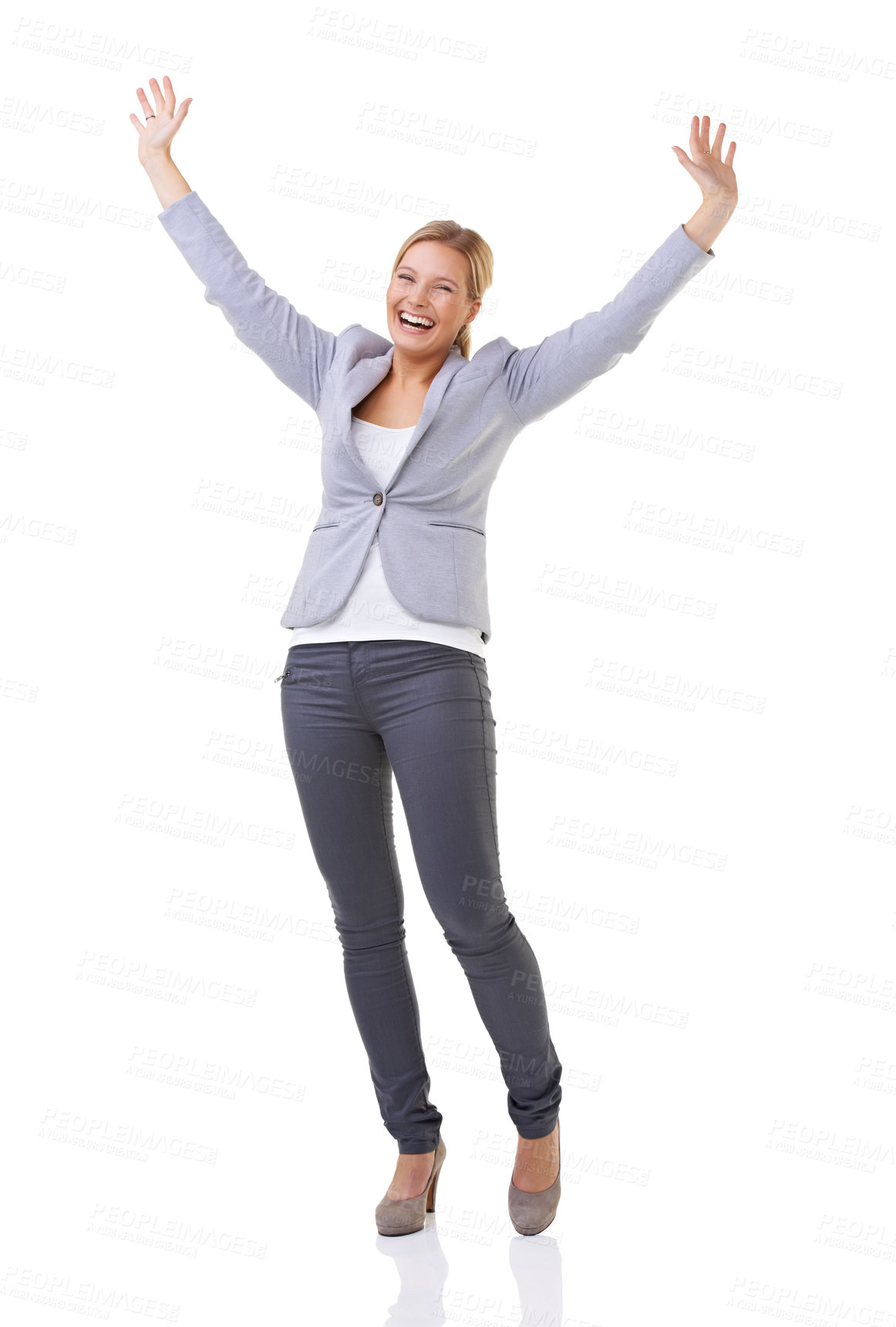 Buy stock photo Portrait, wow and success with business woman in studio isolated on white background for celebration. Winner, motivation and goals with happy young person cheering for target, achievement or victory