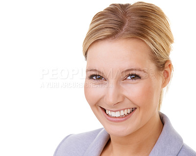 Buy stock photo Businesswoman, happy and portrait in studio with makeup, style and job pride with mockup space. Professional entrepreneur, face and natural beauty with smile, confidence and white background