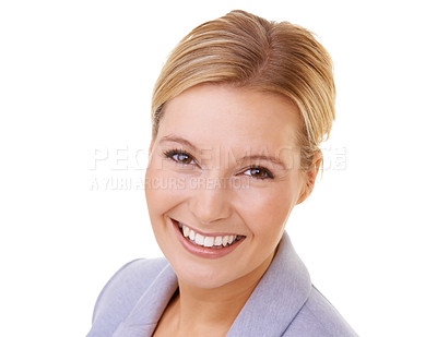 Buy stock photo Professional woman, happy and portrait in studio with confidence for career, job and pride on white background. Female entrepreneur, employee and face with smile for startup, corporate and lawyer