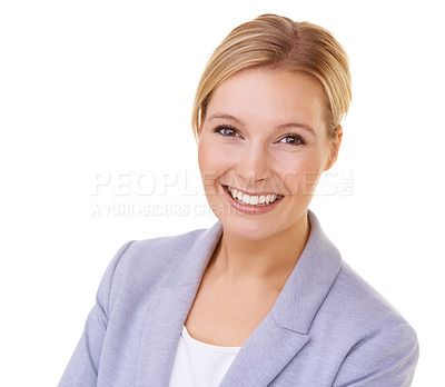 Buy stock photo A beautiful blonde smiling widely isolated on white