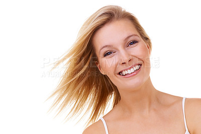 Buy stock photo Portrait, smile and beauty of woman, hair care and makeup in studio isolated on a white background. Face, happy and model with blonde hairstyle, skin and salon treatment at hairdresser for cosmetics