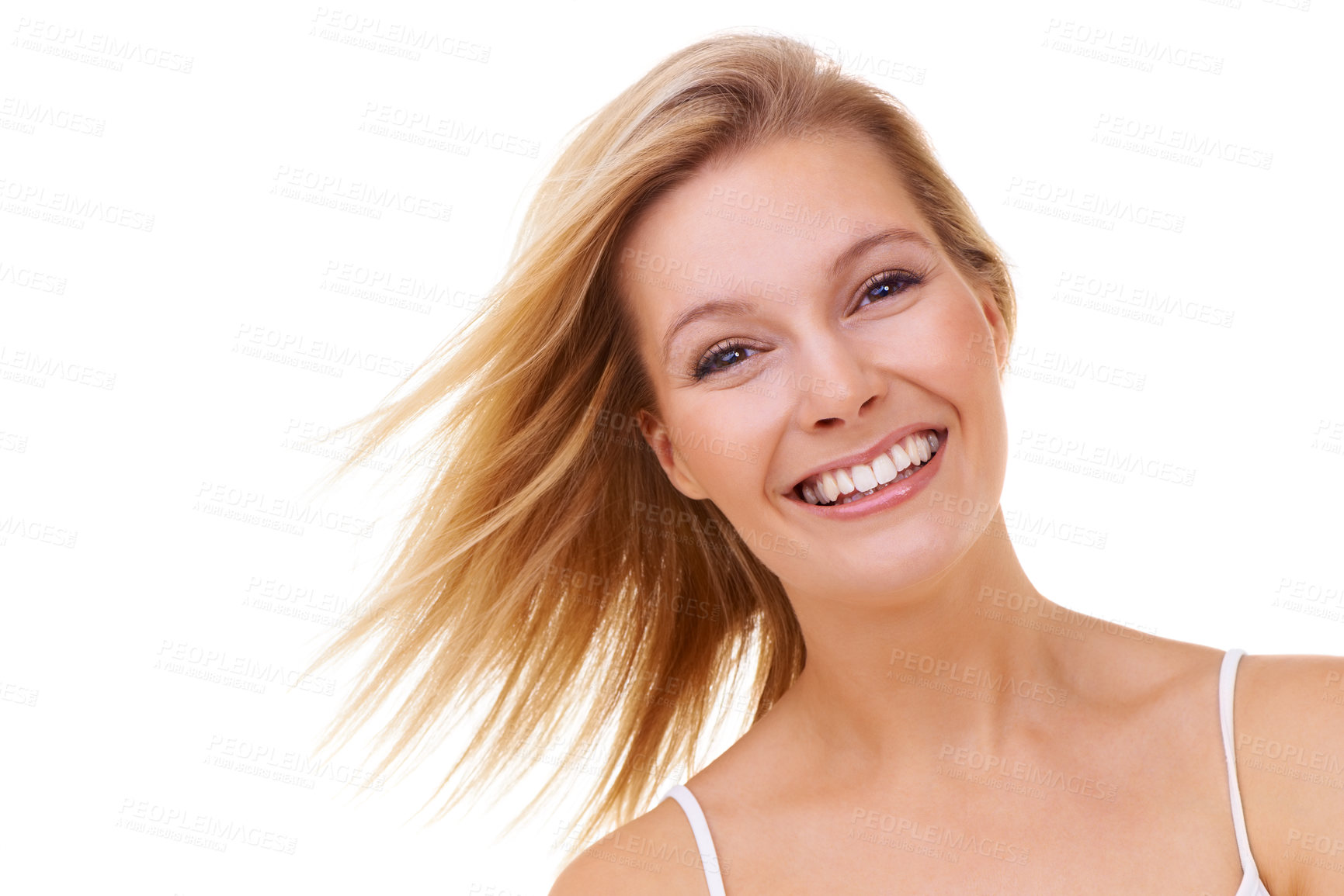 Buy stock photo Portrait, smile and beauty of woman, hair care and makeup in studio isolated on a white background. Face, happy and model with blonde hairstyle, skin and salon treatment at hairdresser for cosmetics