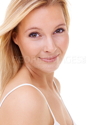 Buy stock photo Portrait, makeup and beauty of woman, skincare and shine in studio isolated on a white background. Face, glow and blonde model in cosmetics, spa facial treatment and dermatology for healthy skin