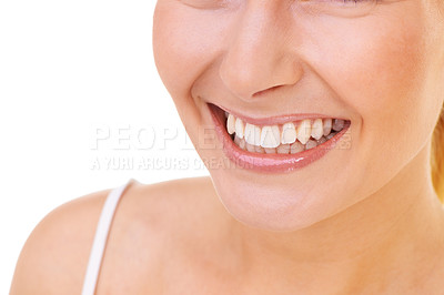 Buy stock photo Smile, dental and woman in studio for oral care, hygiene and fresh breath treatment closeup on white background. Teeth whitening, mouth or female model with mockup for cleaning, tooth or gum wellness