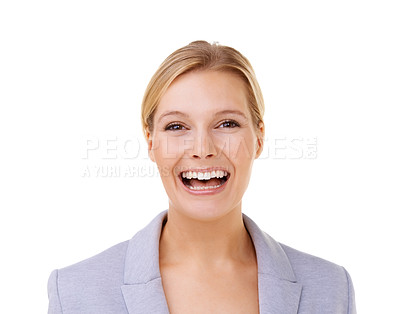 Buy stock photo Portrait, smile and laughing with business woman n studio isolated on white background for corporate humor. Face, happy or funny with confident young employee having fun in suit for comedy at work