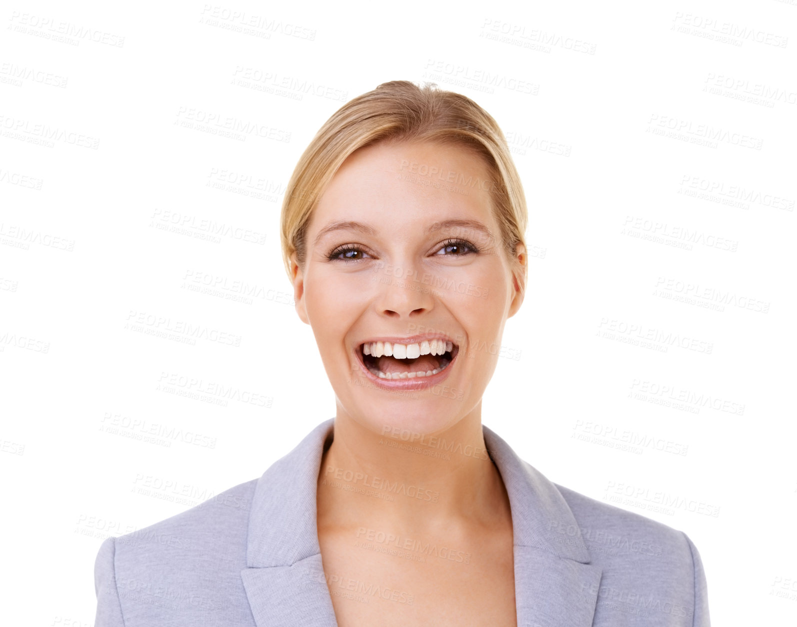 Buy stock photo Portrait, smile and laughing with business woman n studio isolated on white background for corporate humor. Face, happy or funny with confident young employee having fun in suit for comedy at work