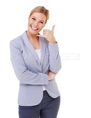 Buy stock photo Cropped shot of a beautiful woman giving a hand signal for a phone call