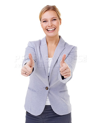 Buy stock photo Portrait, smile and business woman with thumbs up in studio for motivation, support or thank you on white background. Winner, face or entrepreneur with hand emoji for service, excellence or guarantee
