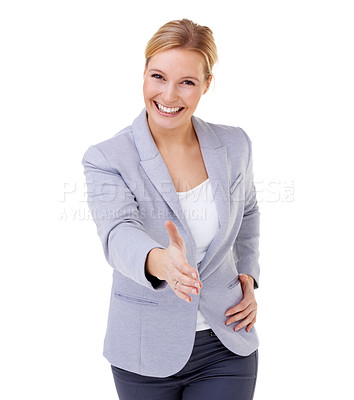 Buy stock photo Portrait, interview and handshake with business woman in studio isolated on white background for welcome. Smile, thank you or partnership with young human resources employee shaking hands for deal