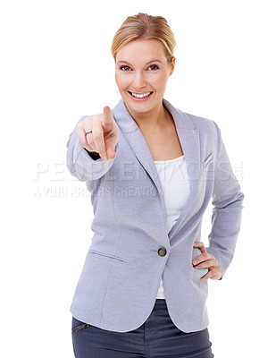Buy stock photo Portrait, pointing and business woman in studio for calling, direction or choosing hand gesture. Smile, happy and professional female person with decision expression isolated by white background.