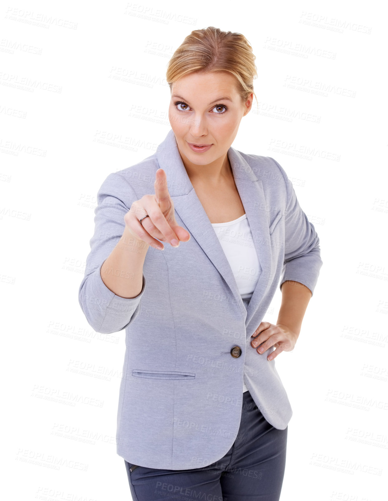 Buy stock photo Serious, pointing and business woman in studio for calling, direction or choosing hand gesture. Smile, happy and professional female person with decision expression isolated by white background.