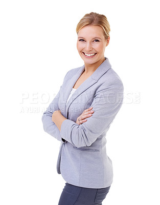 Buy stock photo Pride, crossed arms and portrait of woman in studio with positive, good and confident attitude. Happy, smile and young female person with business fashion or style isolated by white background.