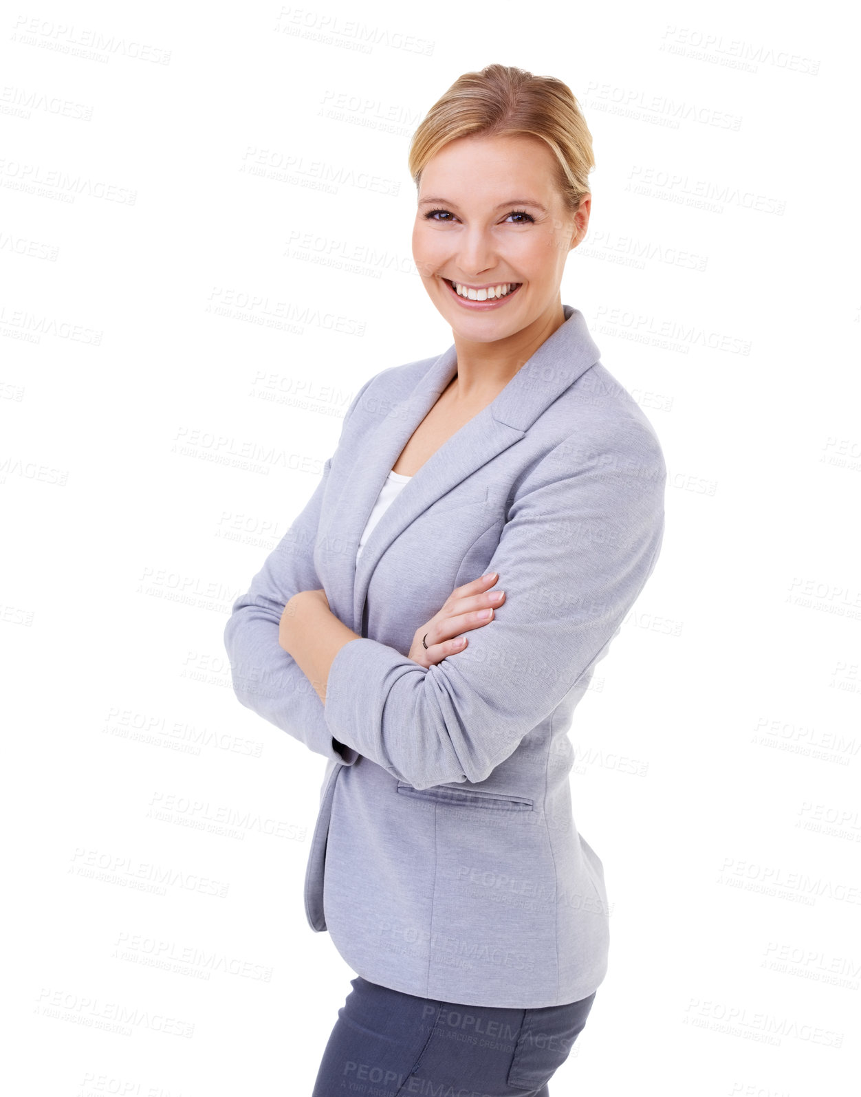 Buy stock photo Pride, crossed arms and portrait of woman in studio with positive, good and confident attitude. Happy, smile and young female person with business fashion or style isolated by white background.