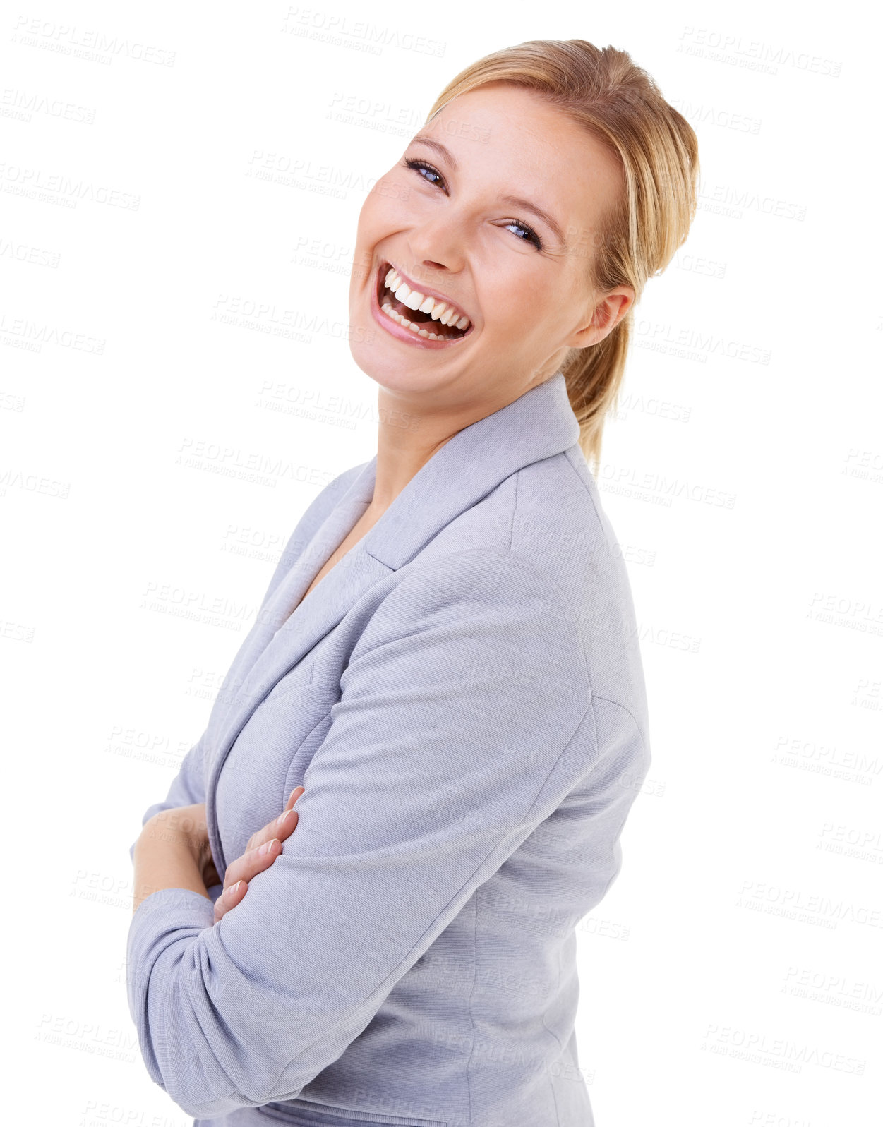 Buy stock photo Laughing, crossed arms and portrait of woman in studio with positive, good and confident attitude. Happy, pride and young female person with business fashion or style isolated by white background.