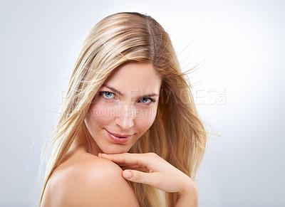 Buy stock photo Beauty, haircare and portrait of woman in studio with natural makeup, smile and straight hairstyle. Hair, cosmetics and happy model with keratin growth, balayage and face of girl on white background.