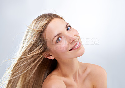 Buy stock photo Smile, hair and portrait of woman in studio with natural makeup, beauty and straight hairstyle. Haircare, cosmetics and happy model with keratin growth, wind and face of girl on white background.