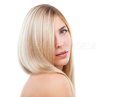 Buy stock photo Hair care, beauty and portrait of serious woman in makeup isolated on a white studio background. Face, hairstyle and blonde model in cosmetics, hairdresser or salon treatment for care on mockup space