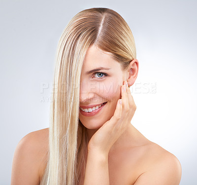 Buy stock photo Straight hair, touch and portrait of happy woman, skincare or makeup isolated on white studio background. Face, hand or hairstyle of blonde model in cosmetics, hairdresser or beauty treatment in spa