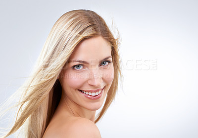 Buy stock photo Hair care, portrait and smile of woman, wind or beauty makeup for skincare isolated on white studio background. Face, hairstyle or blonde model in cosmetics, hairdresser and salon treatment on mockup