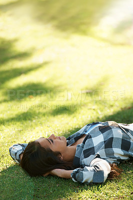 Buy stock photo Space, park or happy woman on grass to relax for rest in garden, nature or field for peace. Mockup, travel or female person on break with smile on outdoor summer vacation or holiday on lawn in USA 