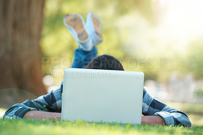 Buy stock photo Laptop, lawn or woman in park for elearning with knowledge, information or education. Nature, university learner or female student on grass for studying history or typing online on college campus