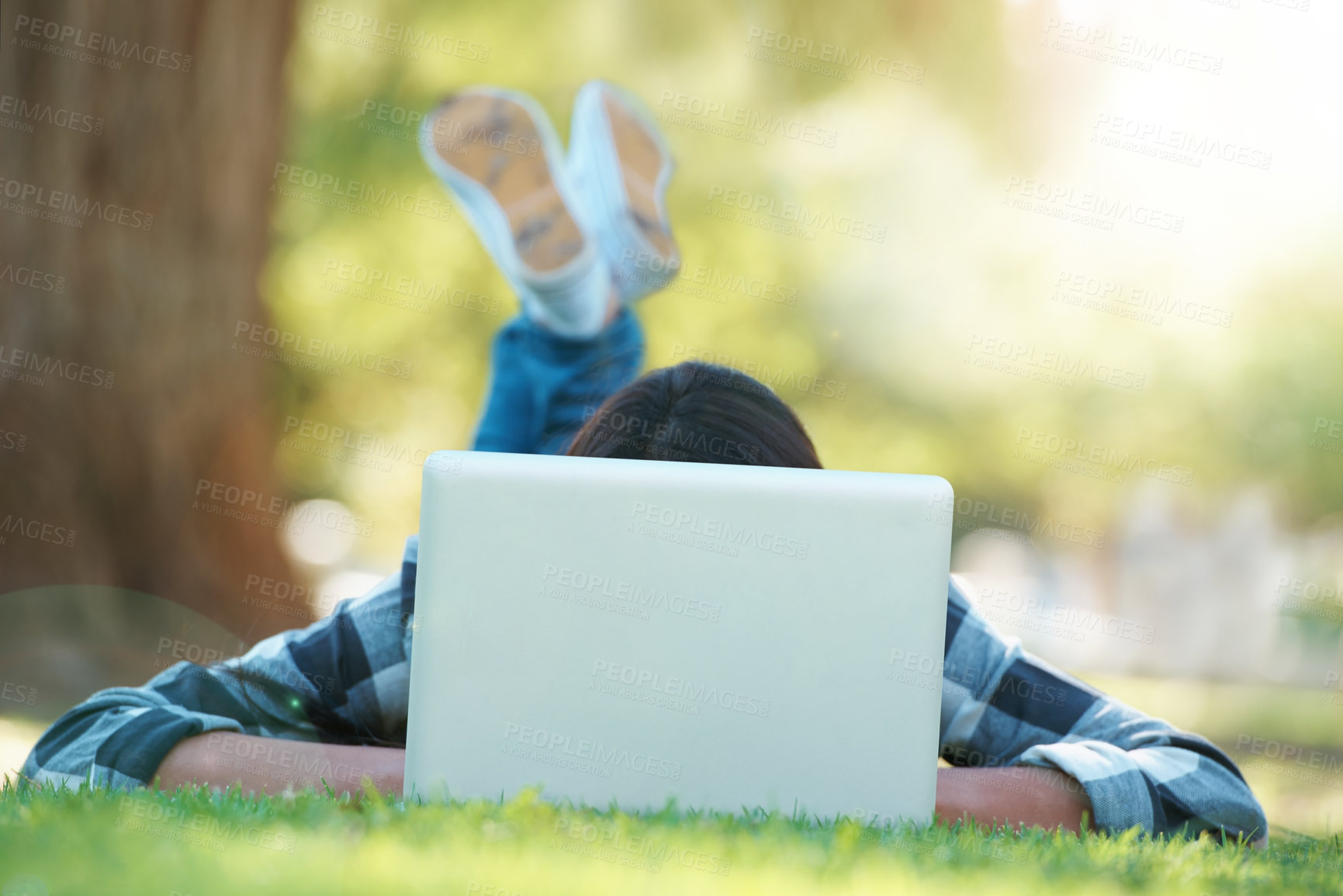 Buy stock photo Laptop, lawn or woman in park for elearning with knowledge, information or education. Nature, university learner or female student on grass for studying history or typing online on college campus