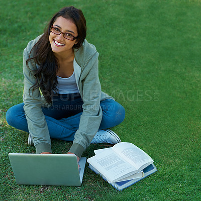 Buy stock photo Woman, garden and laptop with notebook, glasses and computer for study, learning and college. Latino student, garden and technology for research, communication and university for online education