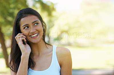 Buy stock photo Phone call, smile and woman in a park, summer and happiness with communication and digital app. Person, outdoor and girl with a smartphone or contact with weekend break and cheerful with conversation