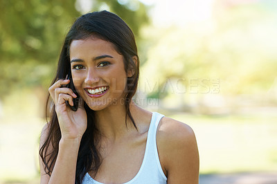 Buy stock photo Portrait, phone call and happy woman in the park for a summer vacation in Canada online. Internet, mobile app conversation and indian female person with a smile on technology while relaxing in garden