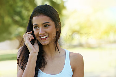 Buy stock photo Phone call, relax and woman in a park, smile and happiness with conversation and weekend break. Person, outdoor and girl with a cellphone or summer with student or cheerful with a contact or thinking