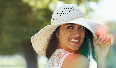 Buy stock photo Woman, travel and freedom in park or garden, smile and joy on summer holiday. Female person, peace and enjoy vacation in countryside, outdoors and hat for protection on weekend adventure in nature
