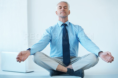 Buy stock photo Businessman, meditation and hands for calm wellness for work stress relief or corporate, professional or mental health. Male person, lawyer and legs crossed for zen practice, mindfulness or peace