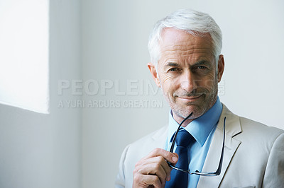 Buy stock photo CEO, glasses and portrait of senior businessman, professional and consultant at office. Face, entrepreneur and mature manager, executive and confident boss in suit for career at company in Australia