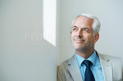 Buy stock photo Businessman, mature and thinking in corporate office for achievement for consulting, firm growth or target. Male person, professional and thought with confidence for company, future or brainstorming
