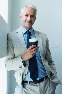 Buy stock photo CEO, portrait and business man with coffee in office, smile and professional consultant in suit. Happy, manager and senior entrepreneur with drink, latte or espresso for boss of company in Australia