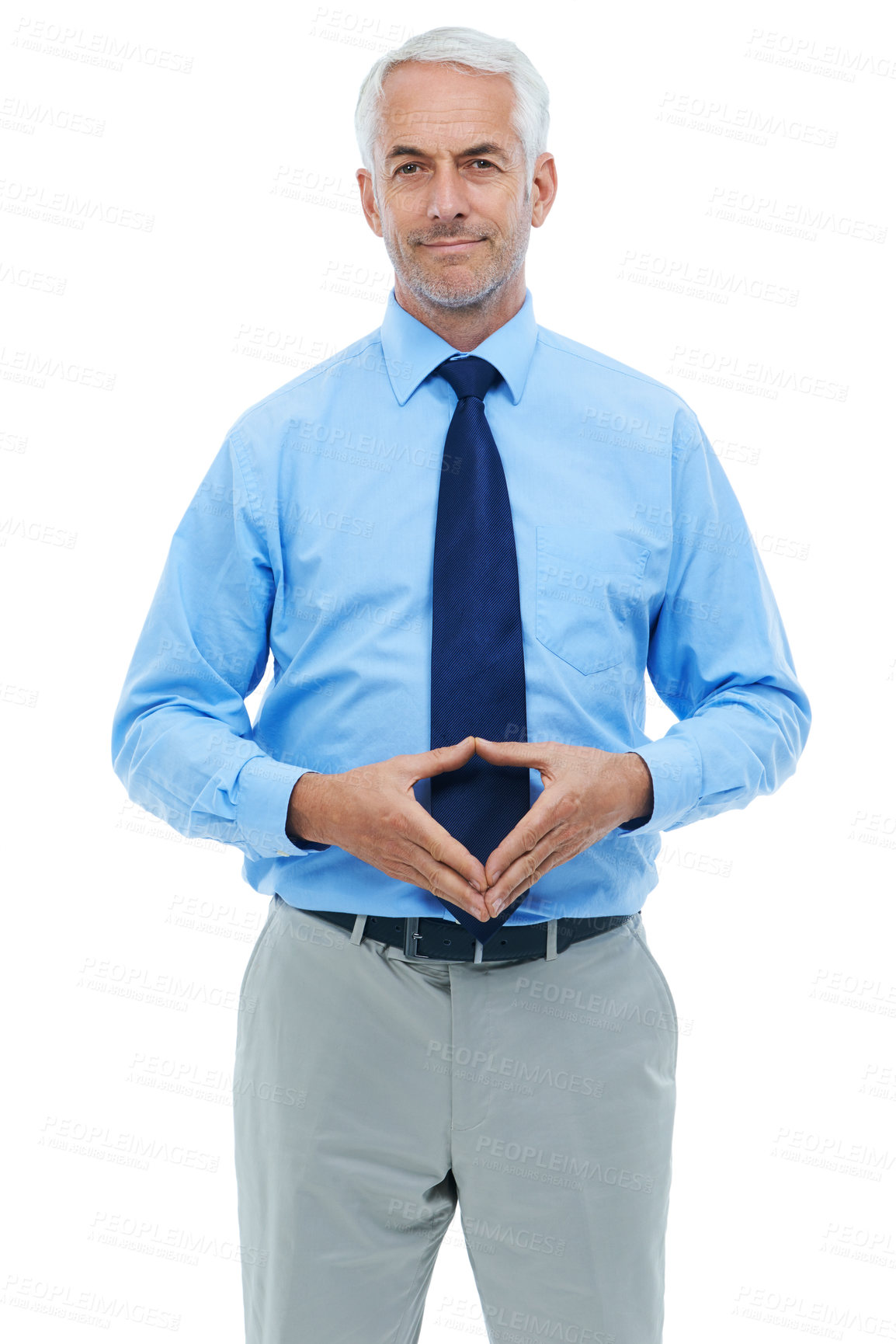 Buy stock photo Studio, portrait or senior businessman for pride with hand gesture or professional worker by white background. Mature person, face or confidence in accounting career or employee with audit experience