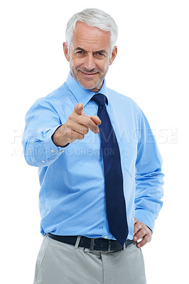 Buy stock photo Mature, man and portrait pointing to you for recruitment in business on white background in studio. We are hiring, person or entrepreneur with invitation in human resources for onboarding opportunity