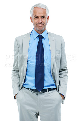 Buy stock photo Studio, portrait and businessman with hands in pocket and mature office worker with pride. Senior person, face or confident in accounting career in suit or professional in mission by white background