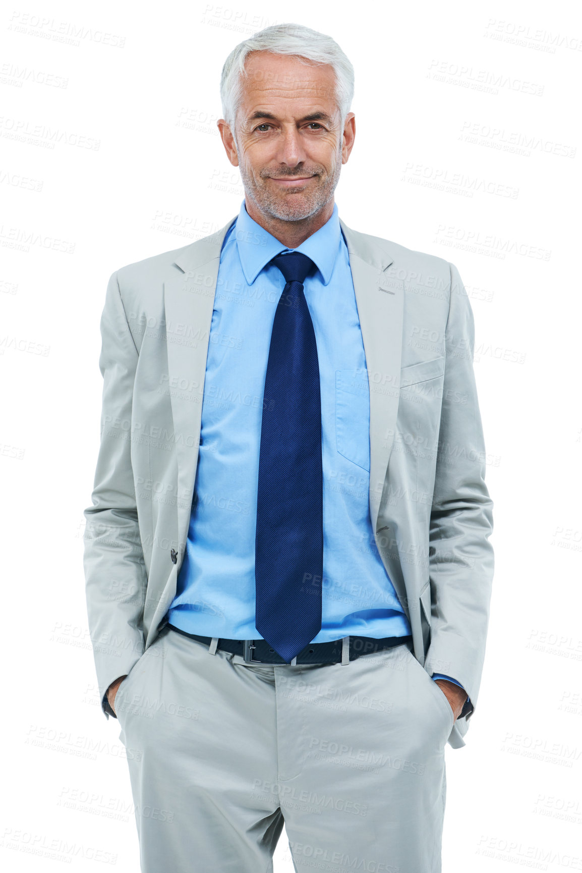 Buy stock photo Studio, portrait and businessman with hands in pocket and mature office worker with pride. Senior person, face or confident in accounting career in suit or professional in mission by white background