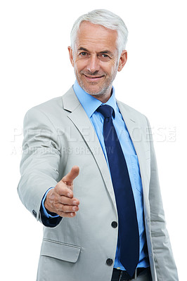 Buy stock photo Senior businessman, portrait and handshake offer for introduction, meeting and hiring on white background. Male person, hr manager and hello in interview, recruitment and onboarding or pov in studio