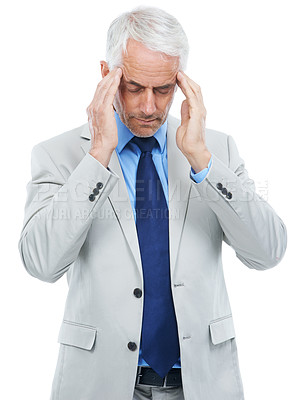 Buy stock photo Studio, headache or mature businessman for frustrated in mockup or office worker with stress. Senior person, migraine and fatigue or burnout in accounting job or massage temples by white background