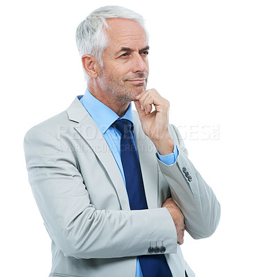 Buy stock photo Thinking, senior man and suit in studio with white background for future ideas. Smart, businessman and professional with formal experience and wisdom to plan for business, objectives and vision. 