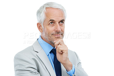 Buy stock photo Idea, senior man and suit in studio with white background, thinking for future plans. Corporate, professional and formal with experience, wisdom and business career with advice for entrepreneurs 