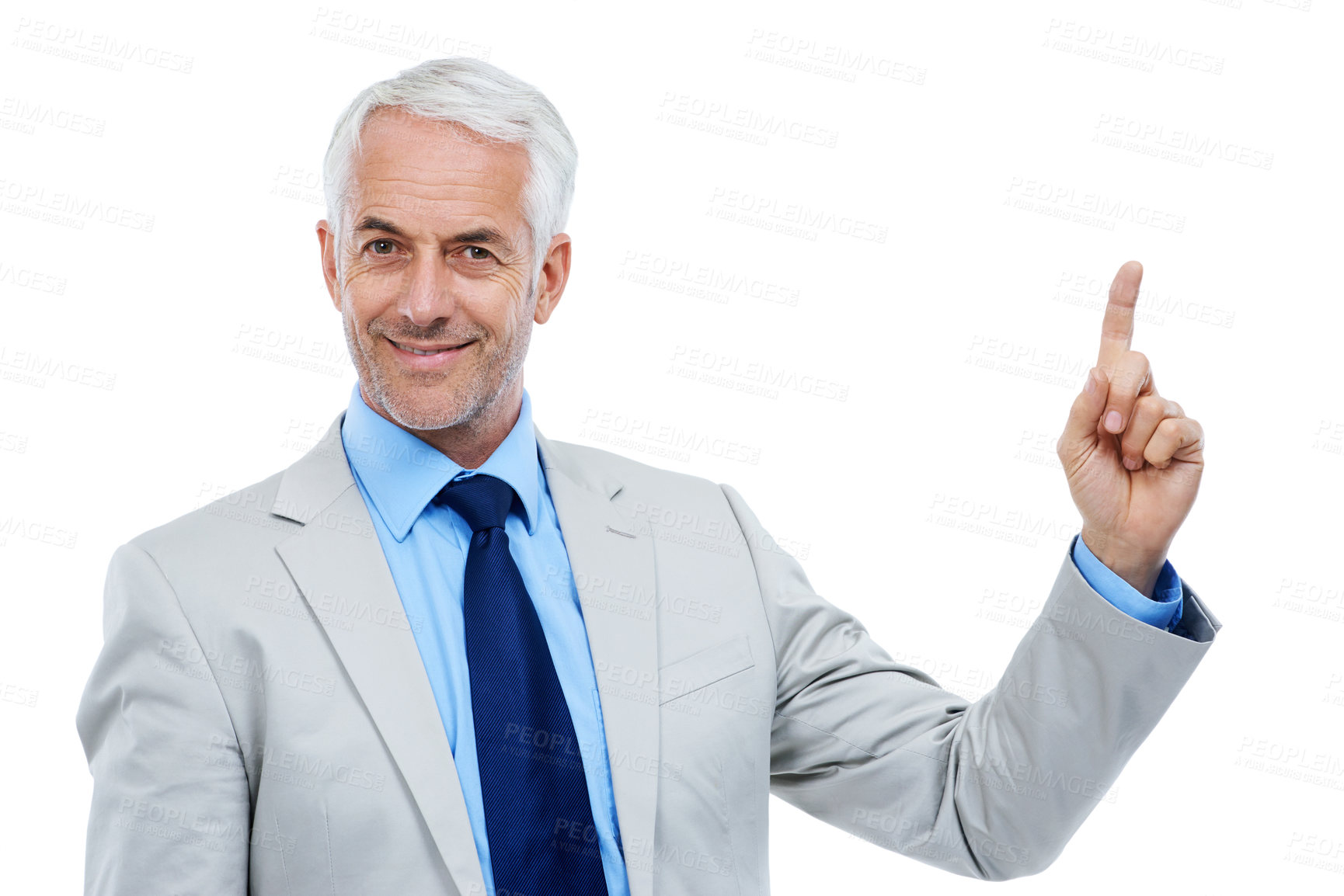 Buy stock photo Senior man, pointing and portrait with suit in studio, white background and sharing future ideas. Businessman, presentation and announcement with wisdom, experience and advice for business careers. 