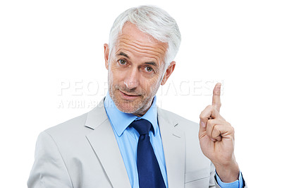 Buy stock photo Senior man and pointing in white background with suit,  advice and ideas for future plans. Presentation, professional and formal with experience in business for wisdom, announcement and development. 