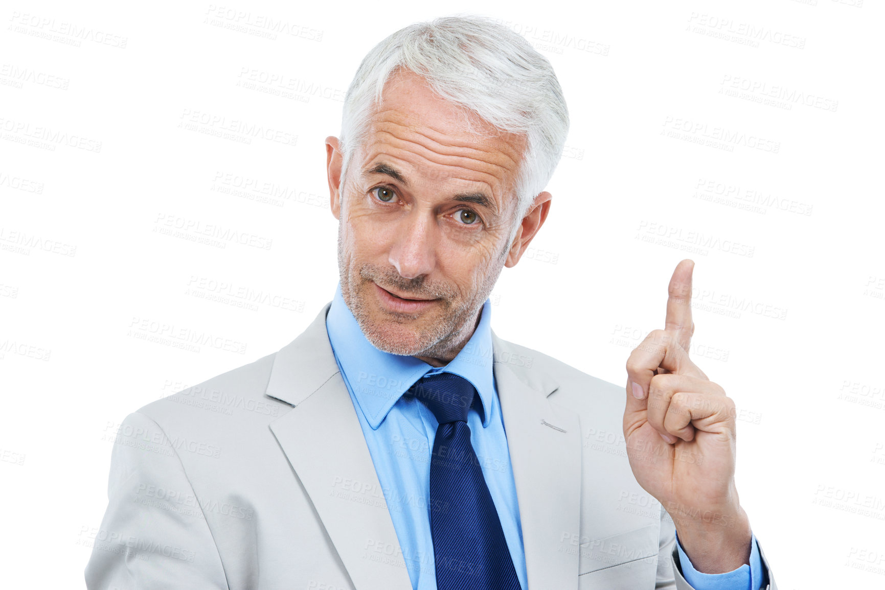 Buy stock photo Senior man and pointing in white background with suit,  advice and ideas for future plans. Presentation, professional and formal with experience in business for wisdom, announcement and development. 