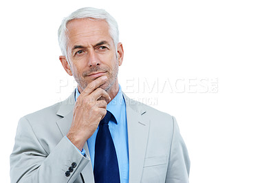 Buy stock photo Studio, lawyer or mature businessman with idea for consumer lawsuit or problem solving by white background. Senior person, thinking or planning in commercial law and legal case of confident attorney