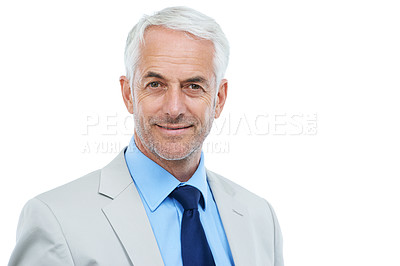 Buy stock photo Smile, portrait and senior businessman in studio with positive, good and confident attitude. Happy, legal career and headshot of professional mature male lawyer in suit isolated by white background.