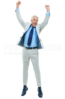 Buy stock photo Business, portrait and man jump in studio for joy, excitement and promotion at corporate work. Mature, worker and smile with happiness for manager position by company, success with white background