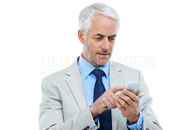 Buy stock photo Phone, networking and senior businessman in studio reading corporate blog on the internet. Technology, manager and professional mature ceo scroll on mobile app with cellphone by white background.
